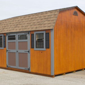 Cedar Stained Dutch barn shed with black shutters