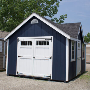12x14 blue and white chalet with double doors