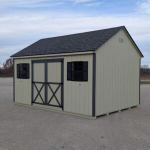 millcreek green cape cod shed with black trim and roof