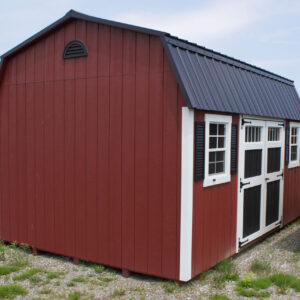 barn red 12x16 Dutch Barn style shed with white trim and black door and roof