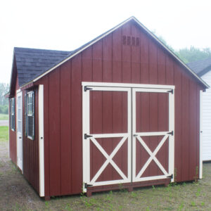 12 x 16 red chalet with white trim