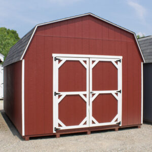 12x16 red mini barn shed with 10 ft side walls at Nunica. michigan lot