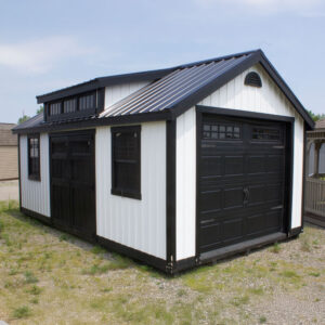 12 x 20 Cape Cod Shed with white siding and black doors
