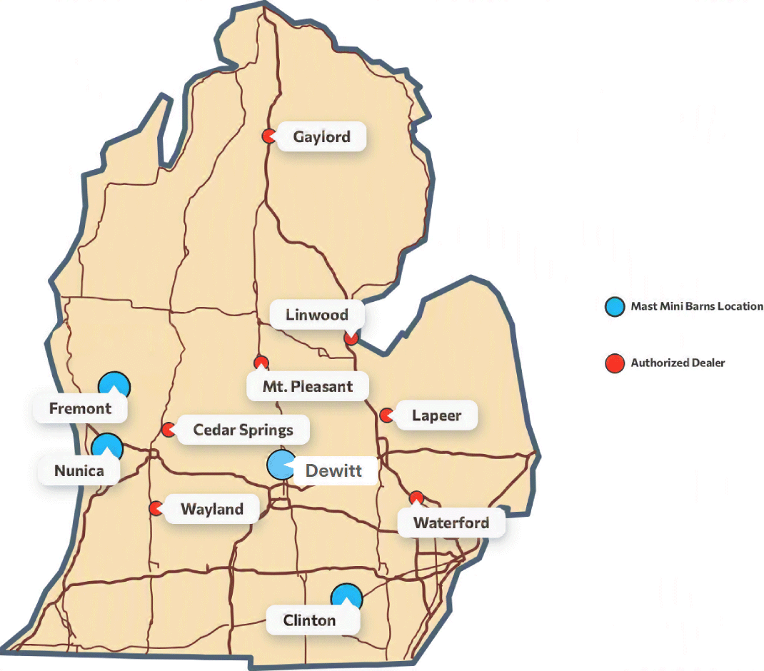 Map of Mast Mini Barns Michigan sales offices, display lots, and dealers