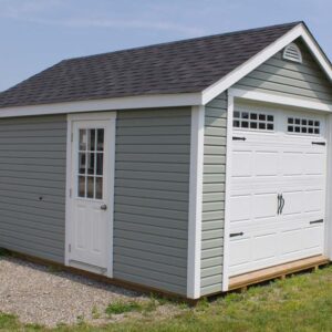 light green 12x16 foot cape cod shed with 8x7 carriage house door and 32" side door