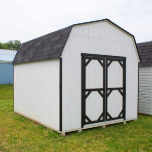 10 ft tall mini barns shed with white siding and black roof