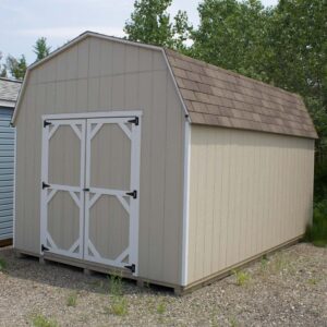 tan 10 foot tall mini barn shed