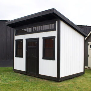 8 by 12 foot white and black klassic studio lean to style shed