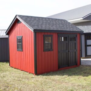 Red Cape Cod Style shed with black doors and roof