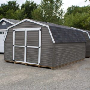 grey vinyl sided 8 foot tall mini barn shed